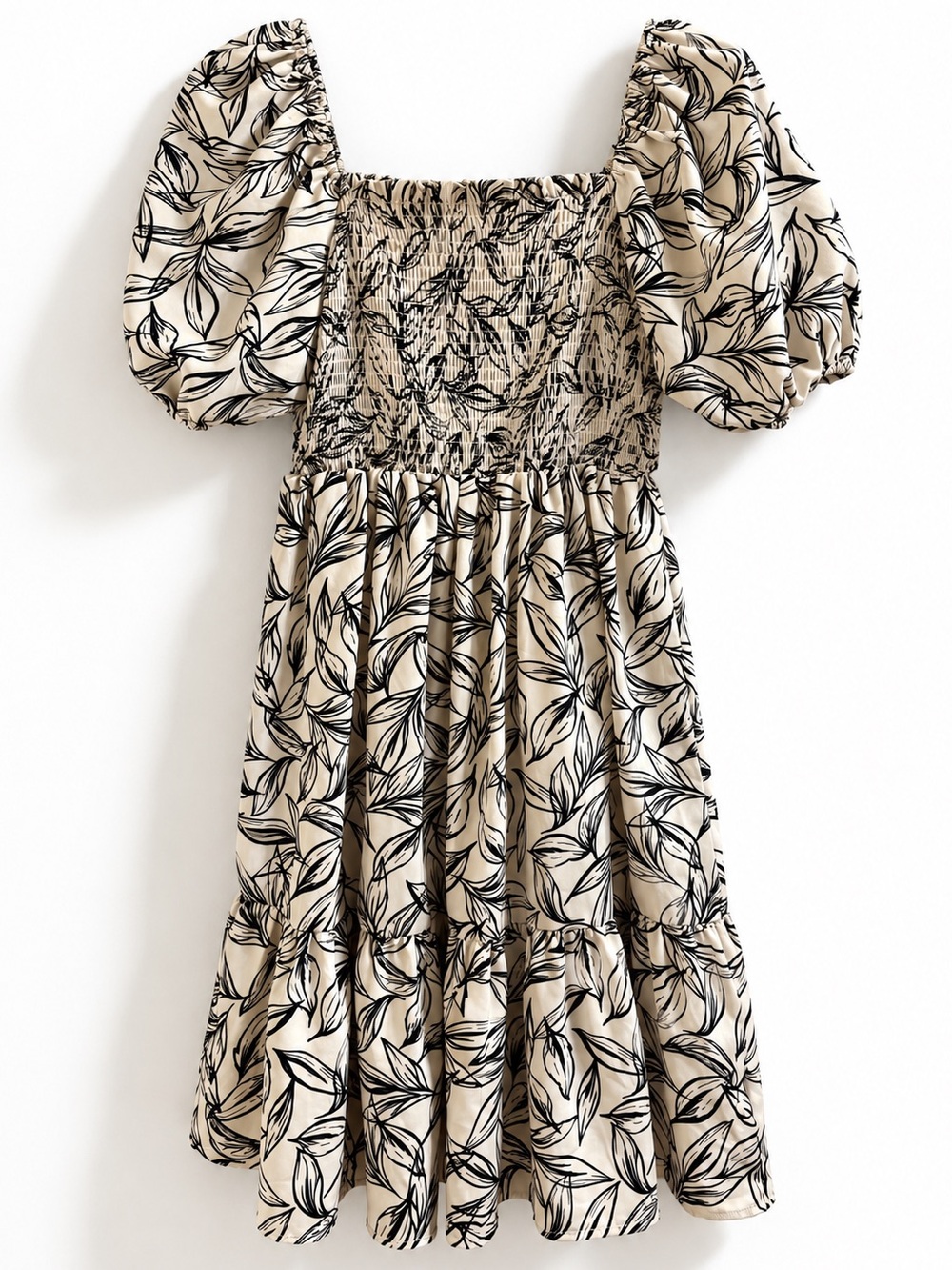 HYFVE Floral Smocked Puff Sleeve Square Neck Mini Dress Cream Black Small